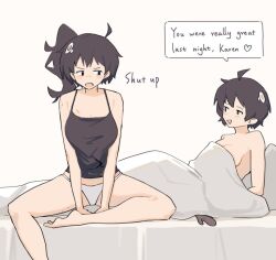 2girls araragi_karen araragi_tsukihi baisebandaoti1 bakemonogatari bare_legs bare_shoulders bed black_hair black_shirt blanket breasts cleavage dialogue_box egg_hair_ornament food-themed_hair_ornament hair_ornament incest monogatari_(series) multiple_girls nisemonogatari pale_skin ponytail shirt short_hair siblings sisters underwear white_background