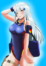 Rule 34 | 1girl, absurdres, aizawa u-ji, alternate costume, bag behind back, blue hair, blue one-piece swimsuit, blue sky, blush, breasts, collarbone, competition swimsuit, covered navel, eyewear around neck, feet out of frame, from below, girls&#039; frontline, green eyes, hair ornament, hairclip, hand in own hair, highres, hk416 (girls&#039; frontline), holstered, large breasts, long hair, looking at viewer, one-piece swimsuit, open mouth, simple background, sky, solo, standing, swimsuit, teardrop facial mark, teardrop tattoo