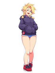 Rule 34 | 1girl, absurdres, bandaid, bandaid on knee, bandaid on leg, blonde hair, blue eyes, blue shorts, blush, braid, commentary, dolphin shorts, english commentary, full body, highres, hood, hood down, hoodie, looking at viewer, multiple piercings, one eye closed, open mouth, original, pointy ears, ronindude, sassy (ronindude), shoes, short braid, shorts, simple background, sleeves past wrists, smile, sneakers, solo, standing, teeth, tongue, twin braids, upper teeth only, white background