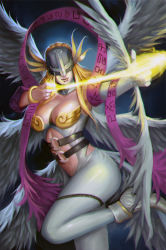 Rule 34 | 1girl, angel wings, angewomon, armor, arrow (projectile), asymmetrical clothes, bare shoulders, belt, blonde hair, bow, breastplate, breasts, cleavage, clothing cutout, covered eyes, dark background, digimon, digimon (creature), feathered wings, female focus, gloves, glowing, glowing weapon, hagoromo, head wings, helmet, high heels, large breasts, leg up, long hair, mask, multiple wings, navel cutout, phamoz, ribbon, shawl, solo, thigh strap, weapon, wings