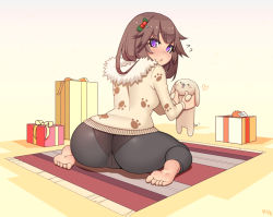 Rule 34 | 00s, 1girl, :o, animal, ass, barefoot, blush, box, brown hair, christmas, dog, eyeliner, feet, flying sweatdrops, from behind, full body, gift, gift box, hair ornament, heart, holding, holding animal, holly, holly hair ornament, hood, hood down, hoodie, huge ass, kuroonehalf, leggings, long hair, long sleeves, looking at viewer, looking back, makeup, master of epic, narrow waist, nose blush, on floor, panties, panties under pantyhose, pantyhose, pantylines, parted lips, paw print, plantar flexion, purple eyes, rug, signature, sitting, soles, solo, tail, thick thighs, thighs, toes, underwear, wariza, wide hips