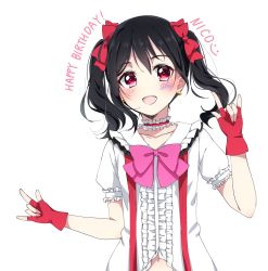 Rule 34 | 1girl, artist name, artist request, black hair, blouse, blush, bokura wa ima no naka de, bow, bowtie, center frills, collarbone, earrings, female focus, fingerless gloves, frilled shirt, frills, gloves, hair bow, highres, jewelry, looking at viewer, love live!, love live! school idol project, micro (do while02), micro (mikuro), midriff, navel, neckerchief, nico nico nii, pink neckwear, puffy short sleeves, puffy sleeves, red bow, red detached collar, red eyes, red gloves, shirt, short hair, short sleeves, smile, solo, suspenders, thighhighs, twintails, white background, white shirt, yazawa nico