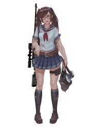 Rule 34 | 1girl, absurdres, axe, belt, black skirt, black socks, blood, blood on clothes, blood on face, brown eyes, brown footwear, brown hair, cuts, full body, glasses, gun, highres, holding, holding axe, holding weapon, injury, kneehighs, licking lips, long hair, looking at viewer, original, parted lips, pouch, red-framed eyewear, red neckwear, school uniform, serafuku, severed head, shoes, simple background, skirt, socks, solo, standing, thigh pouch, tongue, tongue out, torn clothes, torn legwear, torn socks, twintails, weapon, white background, xue qi ye (dndtmbdue)