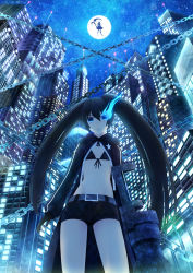 Rule 34 | 10s, 1girl, absurdres, arm cannon, bikini, bikini top only, black hair, black rock shooter, black rock shooter (character), blue eyes, chain, cityscape, coat, dead master, from below, full moon, glowing, glowing eyes, highres, long hair, midriff, moon, navel, pale skin, sakimori (hououbds), scar, shorts, solo, swimsuit, twintails, very long hair, weapon