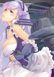 Rule 34 | 1girl, apron, azur lane, belfast (azur lane), blue eyes, blush, braid, breasts, cannon, chain, cleavage, closed mouth, clothes lift, collar, collarbone, dress, dress lift, fingerless gloves, french braid, frilled gloves, frills, from side, gauntlets, gloves, head tilt, highres, large breasts, long hair, looking at viewer, machinery, maid, maid headdress, pekoni (peconi), rigging, signature, silver hair, smile, solo, turret, upper body, white gloves