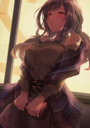 Rule 34 | 1girl, backlighting, bare shoulders, belt buckle, black skirt, blush, box, box of chocolates, brown hair, buckle, chinese commentary, closed mouth, clothing cutout, commentary request, cowboy shot, curly hair, frilled skirt, frills, highres, holding, holding box, idolmaster, idolmaster shiny colors, long hair, looking afar, mixed-language commentary, navi (ivan), plaid, plaid scarf, red eyes, scarf, shaded face, shadow, shirt, shoulder cutout, skirt, solo, tsukioka kogane, valentine, yellow shirt