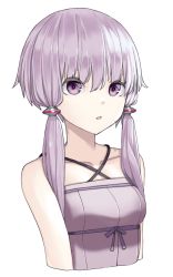 Rule 34 | 1girl, akahara tyun, breasts, collarbone, criss-cross halter, cropped torso, dress, hair between eyes, halterneck, long hair, low twintails, open mouth, purple dress, purple eyes, purple hair, purple ribbon, rei no himo, ribbon, short hair with long locks, simple background, sleeveless, sleeveless dress, small breasts, solo, twintails, upper body, voiceroid, white background, yuzuki yukari
