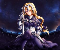 Rule 34 | 1girl, armor, blonde hair, braid, cape, chain, fate/apocrypha, fate/grand order, fate (series), field of blades, headpiece, highres, jeanne d&#039;arc (fate), jeanne d&#039;arc (ruler) (fate), long hair, purple eyes, ruler (fate/grand order), single braid, solo, star (sky), sword, tearing up, very long hair, weapon, wsman, yellow eyes
