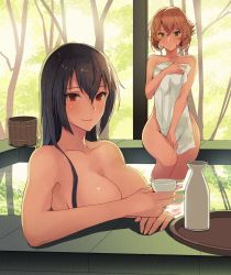 Rule 34 | 2girls, bathing, black hair, breasts, brown hair, bucket, choko (cup), cleavage, closed mouth, collarbone, commentary request, covering privates, cup, dot mouth, flipped hair, green eyes, hair between eyes, holding, holding cup, kantai collection, kasumi (skchkko), large breasts, long hair, looking at viewer, multiple girls, mutsu (kancolle), nagato (kancolle), naked towel, nude cover, onsen, partially submerged, plate, red eyes, reflection, reflective water, short hair, sitting, small breasts, smile, tokkuri, towel, tree, water, white towel, wooden bucket