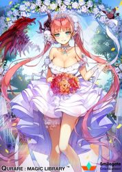 Rule 34 | 1girl, aqua eyes, blunt bangs, bouquet, breasts, choker, cleavage, cocorip, collarbone, copyright name, day, dress, floating hair, flower, hair ornament, holding, holding bouquet, horns, large breasts, long hair, looking at viewer, outdoors, pink hair, pointy ears, qurare magic library, rose, short dress, single horn, sleeveless, sleeveless dress, solo, standing, strapless, strapless dress, thigh strap, twintails, very long hair, white dress, white flower, white rose