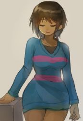 Rule 34 | 1girl, breasts, brown hair, curvy, closed eyes, frisk (undertale), aged up, short hair, smile, solo, undertale