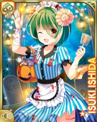 Rule 34 | 1girl, alternate costume, apron, blood, bucket, candy, card, character name, closed eye, cosplay, dress, food, fossil, girlfriend (kari), graveyard, green hair, hair ornament, halloween, ishida isuki, lamp, lollipop, maid, makeup, night, official art, open mouth, outdoors, qp:flapper, scar, short hair, smile, stitches, striped clothes, striped dress, tagme, tombstone, tree, trick or treat, yellow eyes