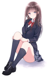 Rule 34 | 1girl, black footwear, black jacket, black socks, blazer, blue eyes, blunt bangs, bow, bowtie, brown hair, closed mouth, commentary request, commission, full body, grey skirt, jacket, kneehighs, loafers, long hair, long sleeves, looking at viewer, nagidango, original, plaid, plaid skirt, red bow, red bowtie, school uniform, shirt, shoes, simple background, sitting, skeb commission, skirt, socks, solo, uniform, white background, white shirt