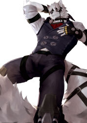 Rule 34 | 1boy, absurdres, animal ears, arm behind head, arm up, ascot, black gloves, black pants, black vest, claws, commentary, english commentary, eyepatch, fingerless gloves, furry, furry male, gloves, hand on own chest, highres, hinnab art, looking at viewer, male focus, one eye covered, pants, red ascot, red eyes, shirt, signature, tail, vest, von lycaon, white background, white shirt, wolf boy, wolf ears, wolf tail, zenless zone zero