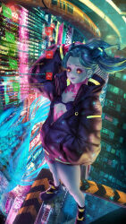 Rule 34 | 1girl, absurdres, arm up, artificial eye, baggy clothes, building, chat log, city, city lights, closed mouth, colored sclera, colored skin, cyberpunk, cyberpunk (series), cyberpunk edgerunners, cyborg, english text, eyelashes, fisheye, floating hair, hand in pocket, hand on own head, high collar, highres, hologram, jacket, kuiyanxu, leg tattoo, legs apart, light smile, lips, long hair, long sleeves, mechanical eye, mechanical hands, neck tattoo, neon lights, night, no pants, outdoors, partially unzipped, pink tattoo, pocket, rain, rebecca (cyberpunk), red eyes, red sclera, sign, skyscraper, solo, standing, stomach, stomach tattoo, tattoo, twintails, user interface, water, wind, yellow pupils, zipper, zipper pull tab