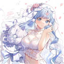 Rule 34 | 1girl, alternate costume, artist name, ayaka (genshin impact), bare arms, blue eyes, blue hair, blunt tresses, bouquet, breasts, bridal veil, choker, cleavage, cleavage cutout, closed mouth, clothing cutout, dress, earrings, falling petals, flower, genshin impact, gou lianlian dogface, hair flower, hair ornament, hand in own hair, hand up, holding, holding bouquet, jewelry, light blush, long hair, looking at viewer, medium breasts, navel, petals, pink flower, rose, sakuramon, sidelocks, signature, simple background, smile, solo, stomach, tareme, upper body, veil, wedding dress, white background, white choker, white dress, white flower, white rose, white veil
