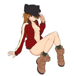 Rule 34 | 1girl, animal ears, animal hat, black hat, boots, breasts, breasts apart, cleavage, dbqp, eyepatch, fake animal ears, full body, green socks, hair over one eye, hat, hat tip, high collar, invisible chair, jacket, knees together feet apart, long hair, naked jacket, neon genesis evangelion, no bra, simple background, sitting, socks, solo, souryuu asuka langley, stomach, striped clothes, striped socks, track jacket, vertical-striped clothes, vertical-striped socks, white background