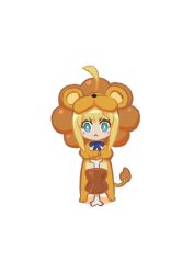Rule 34 | 1girl, :&lt;, ahoge, animal costume, aqua eyes, artoria pendragon (fate), blonde hair, boned meat, chibi, fate/tiger colosseum, fate/unlimited codes, fate (series), food, green eyes, lion costume, meat, miwa shirow, planted, saber lion, solo, standing, weapon