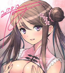 Rule 34 | 1girl, absurdres, breast hold, breasts, breasts out, brown hair, china dress, chinese clothes, chun-mei (tony taka), covering nipples, covering privates, dated, dress, highres, long hair, looking at viewer, medium breasts, no bra, open clothes, open shirt, purple eyes, shirt, smile, solo, tony taka, upper body