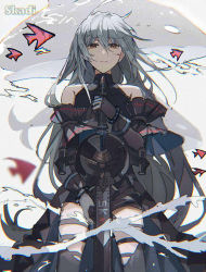 Rule 34 | 1girl, arknights, arrow (symbol), bad id, bad pixiv id, bare shoulders, black coat, black thighhighs, blood, blood on face, bodysuit, character name, coat, cowboy shot, gloves, grey background, lococo:p, long hair, looking at viewer, orca, parted lips, red eyes, short shorts, shorts, silver hair, simple background, skadi (arknights), skadi (elite ii) (arknights), solo, standing, sword, thigh strap, thighhighs, thighs, very long hair, weapon