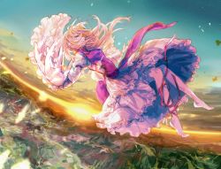 Rule 34 | 1girl, alternate eye color, backlighting, bad id, bad pixiv id, barefoot, blonde hair, blue eyes, blue sky, blurry, breasts, closed mouth, cloud, day, depth of field, dress, dutch angle, falling, field, foreshortening, frilled dress, frilled sleeves, frills, from side, full body, gensokyo, gradient sky, horizon, leg ribbon, legs, long hair, long sleeves, looking afar, medium breasts, morning, mountain, no headwear, open hands, outstretched arms, petals, pointy nose, puffy long sleeves, puffy sleeves, rekka, ribbon, scenery, skinny, sky, solo, star (sky), sun, sunlight, sunrise, tabard, toes, torii, touhou, white dress, wide sleeves, yakumo yukari
