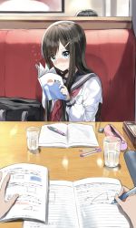 Rule 34 | 1boy, 1girl, 1other, bag, black hair, black sailor collar, blue eyes, blush, closed mouth, commentary request, couch, cup, drinking glass, flying sweatdrops, hair ornament, hairclip, highres, holding, holding pencil, indoors, long hair, long sleeves, looking at viewer, mechanical pencil, neckerchief, nose blush, on couch, original, pencil, pencil case, pentagon (railgun ky1206), red neckerchief, sailor collar, school bag, school uniform, serafuku, shirt, table, upper body, very long hair, water, white shirt