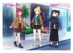 Rule 34 | 3girls, absurdres, ankle boots, ayase eli, bare legs, beanie, bibi (love live!), black footwear, black hair, black shirt, black skirt, blonde hair, blouse, blue eyes, blue footwear, blue jacket, boots, bow, brown coat, choker, closed mouth, coat, converse, copyright name, cross-laced footwear, earmuffs, grin, hair bow, hand on own hip, hat, highres, jacket, letterman jacket, loafers, long hair, long skirt, looking at viewer, love live!, love live! school idol project, medium hair, miniskirt, multiple girls, murota yuuhei, nishikino maki, official art, outdoors, parted lips, plaid, plaid skirt, plant, ponytail, purple eyes, red bow, red eyes, red hair, red headwear, red skirt, road, scrunchie, shirt, shoes, shop, skirt, smile, sneakers, socks, standing, street, t-shirt, tree, twintails, white footwear, white legwear, white scrunchie, white shirt, window, winter clothes, yazawa nico
