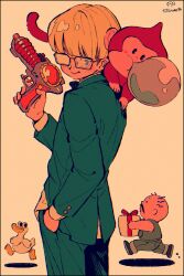 2boys animal animal_on_shoulder bird blonde_hair blue_eyes border box bubble_monkey chewing_gum duck dungeon_man_(mother_2) energy_gun freckles gift gift_box glasses gun hair_between_eyes hand_in_pocket highres holding holding_gift holding_gun holding_weapon jacket jeff_andonuts kwsby_124 long_sleeves looking_at_viewer male_focus monkey mother_(game) mother_2 multiple_boys nintendo opaque_glasses pants partially_opaque_glasses ray_gun simple_background weapon