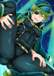 Rule 34 | 1boy, black choker, black jacket, black pants, blush, boots, choker, covered abs, eyepatch, green hair, hat, highres, idolmaster, idolmaster side-m, jacket, jacket on shoulders, kashiwagi tsubasa, large pectorals, male focus, muscular, muscular male, night, night sky, official alternate costume, one eye covered, open mouth, outdoors, pants, pectorals, shakeko (shake5), short hair, sky, smile, solo, spread legs, squatting, thick thighs, thighs