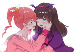 Rule 34 | 2girls, ;d, arm up, blue eyes, blush, brown hair, capelet, commentary request, facing another, fang, hairband, hand on another&#039;s face, head wings, high ponytail, kiyomin, kurosu aroma, long hair, looking at another, multiple girls, one eye closed, open mouth, pink hair, pink hairband, pink shirt, ponytail, pretty series, pripara, profile, purple capelet, purple wings, sailor collar, shiratama mikan, shirt, simple background, smile, white background, white sailor collar, winged hairband, wings
