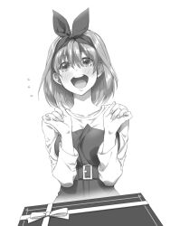 Rule 34 | 1girl, blush, gift, go-toubun no hanayome, greyscale, hair ribbon, hands up, highres, long sleeves, looking at viewer, monochrome, nakano yotsuba, open mouth, ribbon, short hair, simple background, solo, teeth, upper teeth only, white background, yu (flowerbird3830)