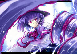 Rule 34 | 1girl, black skirt, bow, bowler hat, breasts, drill, electricity, frills, hat, hat bow, large breasts, letterboxed, light particles, long sleeves, looking at viewer, motion blur, nagae iku, pink eyes, purple hair, shawl, short hair, skirt, smile, solo, touhou, touya (the-moon)