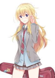 Rule 34 | 1girl, absurdres, arm up, badge, blonde hair, blue eyes, blue shirt, closed mouth, cowboy shot, grey jacket, grey skirt, hair between eyes, hair over shoulder, highres, holding, jacket, long hair, looking at viewer, miniskirt, miyazono kawori, necktie, open clothes, open jacket, pleated skirt, raised eyebrows, red necktie, school uniform, shigatsu wa kimi no uso, shirt, simple background, skirt, smile, solo, standing, sticker, striped necktie, striped neckwear, tareme, tears, tucao xiansen, violin case