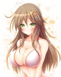 Rule 34 | 1girl, :3, bare arms, bare shoulders, blush, bra, breasts, brown hair, cat hair ornament, commentary request, green eyes, hair between eyes, hair ornament, hairclip, highres, himekawa yuki, idolmaster, idolmaster cinderella girls, large breasts, long hair, looking at viewer, osashin (osada), smile, solo, stomach, underwear, upper body, white background, white bra