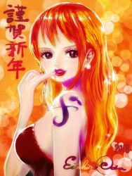 Rule 34 | 1girl, 2018, bare arms, bare shoulders, breasts, brown eyes, dress, earrings, female focus, highres, japanese text, jewelry, lipstick, long hair, looking at viewer, makeup, nami (one piece), oda eiichirou, official art, one piece, orange background, orange hair, red dress, red lips, sideboob, solo, standing, tagme, upper body