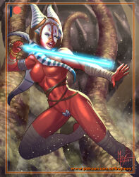 Rule 34 | 1girl, alien, artboymoy, blue lightsaber, colored skin, energy sword, holding lightsaber, jedi, lightsaber, nipples, open mouth, red skin, shaak ti, solo, star wars, sword, teeth, thighhighs, togruta, topless, upper teeth only, weapon