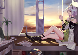 Rule 34 | 1girl, absurdres, animal ear fluff, animal ears, anklet, arknights, bare shoulders, beaker, black footwear, book, book stack, cigarette, cup, detached collar, gold trim, green eyes, green skirt, high heels, highres, indoors, jewelry, kal&#039;tsit (arknights), lab coat, material growth, oripathy lesion (arknights), profile, qian bao liushang, short hair, skirt, smoking, solo, stethoscope, sunset, table, vase, watch, window, wristwatch