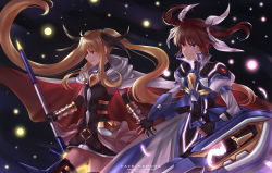 Rule 34 | 2girls, absurdres, black bow, black ribbon, blonde hair, bodysuit, bow, brown hair, cape, closed mouth, elbow gloves, fate testarossa, feathers, fingerless gloves, gauntlets, gloves, glowing, hair between eyes, hair ribbon, hand on another&#039;s hand, highres, holding, holding weapon, long hair, looking to the side, low-tied long hair, lyrical nanoha, magical girl, mahou shoujo lyrical nanoha, multiple girls, night, night sky, parted lips, purple eyes, red eyes, ribbon, short hair, short twintails, sky, spotlight (artist), star (symbol), takamachi nanoha, thighhighs, twintails, very long hair, weapon, white bow, white ribbon