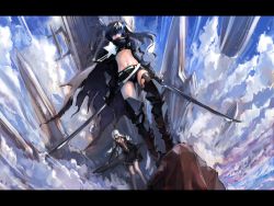 Rule 34 | 10s, 2girls, armor, bad id, bad pixiv id, black hair, black rock shooter, black rock shooter (character), blue eyes, blueman, boots, cape, dual wielding, glowing, glowing eyes, greaves, highres, holding, letterboxed, long hair, midriff, multiple girls, navel, shorts, sky, sword, weapon, white hair