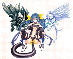 Rule 34 | 1girl, arc system works, asymmetrical wings, bare shoulders, blue hair, boots, bow, breasts, choker, cleavage, dizzy (guilty gear), guilty gear, hair bow, highres, infinote, large breasts, long hair, navel, necro (guilty gear), panties, red eyes, skull, spread legs, tail, thighhighs, underwear, undine (guilty gear), very long hair, white background, wings