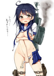 Rule 34 | 10s, 1girl, alexmaster, black hair, blush, breast hold, breasts, brown eyes, covering privates, covering crotch, dirty, highres, kantai collection, large breasts, long hair, navel, open mouth, panties, personification, school uniform, serafuku, skirt, solo, tears, thigh strap, torn clothes, torn panties, torn skirt, translated, underboob, underwear, ushio (kancolle), white panties