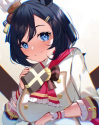 Rule 34 | 1girl, animal ears, black hair, blue eyes, blush, breast hold, breasts, chef hat, closed mouth, commentary, dress, eishin flash (collect chocolatier) (umamusume), eishin flash (umamusume), frilled cuffs, gift, hair ornament, hairclip, hat, holding, holding gift, horse ears, horse girl, lens flare, long sleeves, looking at viewer, lux (dera ix), mini hat, neckerchief, official alternate costume, red neckerchief, short hair, smile, solo, swept bangs, umamusume, upper body, white dress, white hat