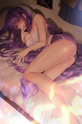 Rule 34 | ..., 1girl, artist name, ass, barefoot, bedroom, biting, blush, breasts, camisole, casual, cleavage, commentary, doki doki literature club, dolphin shorts, english commentary, english text, finger biting, hair between eyes, hair intakes, hair ornament, hairclip, highres, implied masturbation, large breasts, lips, lying, nail polish, nib pen (object), no bra, on bed, on side, pen, potetos7, purple eyes, purple hair, purple nails, purple shorts, short shorts, shorts, solo, spaghetti strap, strap gap, sweat, thighs, yuri (doki doki literature club)