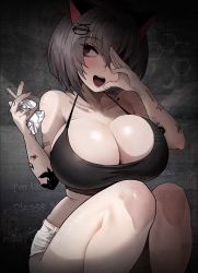 Rule 34 | 1girl, animal ears, arm tattoo, bare arms, bare shoulders, blush, breasts, chest tattoo, cigarette, cleavage, collarbone, flower tattoo, grey hair, hair between eyes, hair ornament, hairclip, havoc-chan, highres, knees up, large breasts, open mouth, original, red eyes, short shorts, shorts, sitting, smile, solo, suou-sensei, tattoo, white shorts, yandere