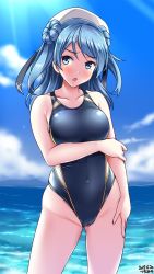 Rule 34 | 1girl, beach, blue eyes, blue hair, blue one-piece swimsuit, blue sky, blush, breasts, cloud, cloudy sky, collarbone, competition swimsuit, covered navel, cowboy shot, dated, day, double bun, hair between eyes, hair bun, hat, highres, horizon, kantai collection, large breasts, looking at viewer, ocean, one-piece swimsuit, open mouth, outdoors, sailor hat, signature, sky, solo, standing, sunlight, swimsuit, tsuchimiya, urakaze (kancolle), water, white hat