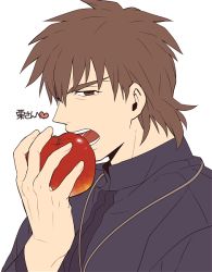 Rule 34 | 1boy, apple, brown eyes, brown hair, eating, fate/zero, fate (series), food, fruit, jewelry, kotomine kirei, male focus, necklace, solo, zihad
