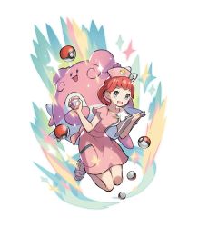 Rule 34 | 1girl, absurdres, blissey, colored skin, commentary, creatures (company), dress, game freak, gen 2 pokemon, hat, heal ball, highres, holding, holding poke ball, joy (pokemon), looking at viewer, nintendo, nurse cap, official art, open mouth, pink dress, pink hair, pink skin, poke ball, poke ball (basic), pokemon, pokemon (creature), pokemon sm, saitou naoki, sandals, short sleeves, smile, solid oval eyes, sparkle, symbol-only commentary