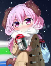 Rule 34 | 1girl, :&lt;, alcohol, animal ears, bag, beer, beer can, blush, can, coat, dog ears, drink can, gloves, long hair, original, osatsu, pink eyes, pink hair, scarf, snow, solo, tail