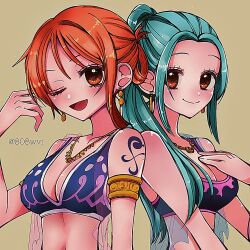 Rule 34 | 2girls, 808wvi, arabian clothes, armlet, bare shoulders, blue hair, blush, breasts, brown eyes, cleavage, closed mouth, collarbone, commentary, crop top, earrings, gold earrings, hand up, harem outfit, high ponytail, jewelry, large breasts, long hair, looking at viewer, midriff, multiple girls, nami (one piece), necklace, nefertari vivi, official alternate costume, official alternate hairstyle, one eye closed, one piece, open mouth, orange eyes, parted bangs, short hair, shoulder tattoo, simple background, single sidelock, smile, symbol-only commentary, tattoo, twitter username, upper body
