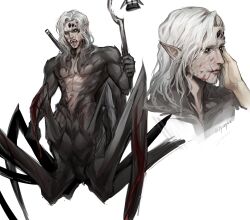 Rule 34 | 1boy, abs, angry, arachne boy, arthropod limbs, artist name, baldur&#039;s gate, baldur&#039;s gate 3, black sclera, black skin, blood, blood in hair, blood on face, carapace, colored sclera, colored skin, cropped torso, dungeons &amp; dragons, extra eyes, fangs, grey background, grey hair, hand on another&#039;s face, highres, holding, holding lantern, kar&#039;niss, lantern, light smile, male focus, medium hair, monster boy, multicolored skin, multiple views, open mouth, pectorals, pointy ears, signature, simple background, spider boy, standing, twitter username, two-tone skin, v-shaped eyebrows, wavy hair, weapon, weapon on back, yellow eyes, zyrophin